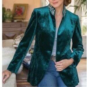 Soft Surroundings Teal Green Velvet One Button Embellished Blazer Size M